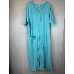 Woman Within Muumuu Large Blue Zip Front Lounger Robe Short Sleeve Pockets Vtg
